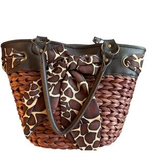 VTG APHORISM Woven Rattan Beach Summer Tote w. Leopard Print Accent Ribbon